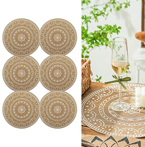 CcHhyyt 6er Set Boho Runde Tischsets für Esstisch Waschbar Hitzebeständig PVC Tischsets Outdoor Tischmatten Jute Retro Tischdekoration Vintage Kaffee Bar Matte Wasserdicht Esszimmer Matte Böhmischer