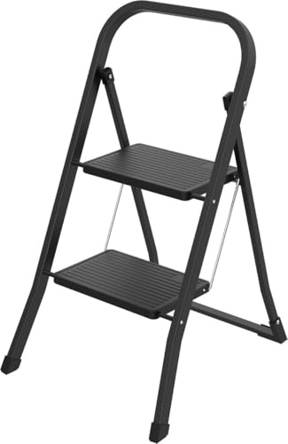 PROREGAL Small Giraffe Einseitige Metall-Klappleiter | 2 Stufen | HxBxT 81x46x56cm | Schwarz | 125kg Tragkraft | Leiter, Trittleiter, Stufenleiter, Haushaltsleiter