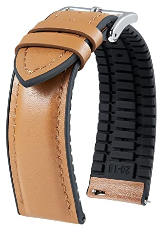 BINLUN Leder Silikon Uhrenarmbänder 14mm 16mm 18mm 19mm 20mm 21mm 22mm Schnellverschluss Hybrid Gummi Lederarmband für Smartwatches 6 Farben Herren Damen（Hellbraun,20mm,Silberne Schnalle