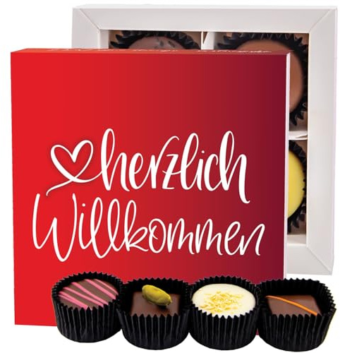 Hallingers Genuss Manufaktur Pralinen Glückwunsch-Geschenk - ohne Alkohol, handmade aus Confiserie-Edelkakao in wertiger Geschenkbox Herzlich Willko..., Geschenkidee für Frauen Männer