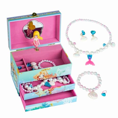 AdelDream Caja de música para niñas pequeñas caja de joyas para hija y mujer amiga regalo de cumpleaños regalo de cumpleaños (tres capas de sirena verde,Juego de cinco piezas de joyería)