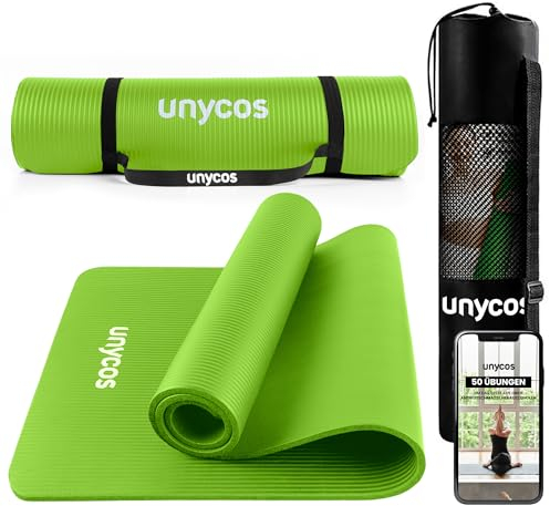 unycos - Gymnastikmatte - Yogamatte Rutschfest【183x60 cm】NBR 10 mm Dicke | Inkl. Tragegurt und E-Book mit Übunge, Sportmatte Ungiftig für Fitness, Pilates & Gym, Home Sport (Grün)