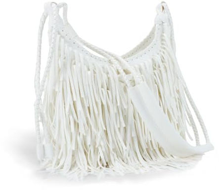 Emprier Borsa a tracolla vintage con frange da donna, in finta pelle scamosciata vegana, con nappa, borsa a tracolla con frange, bianco