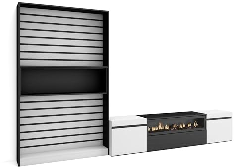Skraut Home | Muebles de Salón para TV | Conjunto de Muebles Comedor | 210x186x35cm | para TV hasta 80 | Chimenea eléctrica | Estilo Moderno | Blanco y Negro