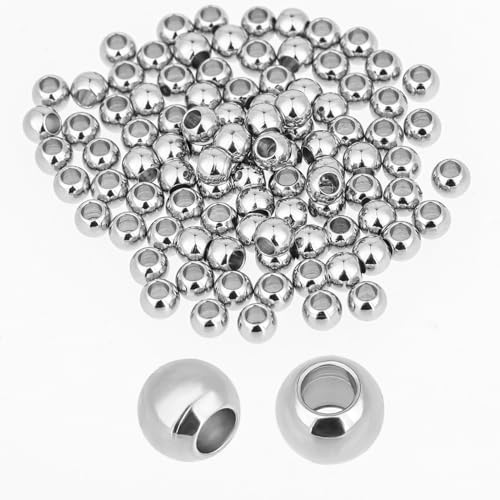 100 perline da 6 mm per paracord, in acciaio inox, perle distanziatrici argentate, foro grande, lisce, rotonde per la creazione di gioielli, perline paracord da 3 mm, per braccialetti fai da te