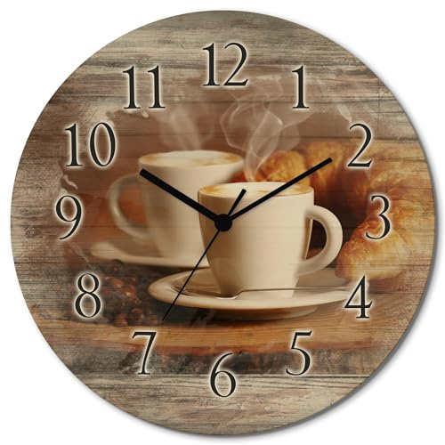 ARTLAND Wanddeko Wanduhr Holz Quarzuhr ohne Tickgeräusche lautlos rund Ø 30 cm Küchenuhr Kaffee Cappuccino Croissant T5XO