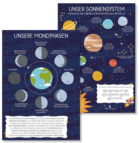 Poster Set Unser Sonnensystem + Unsere Mondphasen DIN A4 | Planeten Weltraum Poster für Kinder | Kinderzimmer Deko | Lernposter Weltraum | Geschenk Kinder Geburtstag Einschulung (Set | DIN A4)