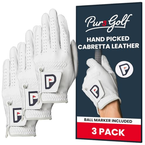 PUR3 Multipack Colored Cabretta Leather Golf Gloves Men | Includes Putting Aim Ball Marker (White (3 Packs), Small (Worn on Left Hand))