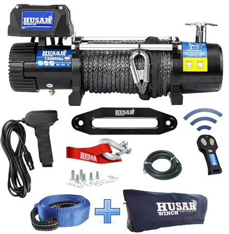 Husar Winch Treuil électrique 13000 lbs | 5897 kg 12V avec Corde Synthétique 28m x 10mm,Commande sans fil,Transmission Planétaire à 3 étages,Idéal Pour,Véhicules Tout-Terrain,Véhicules 4x4,OFF-ROAD