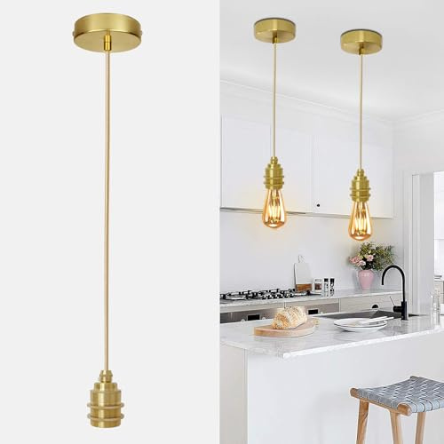Gold Vintage Pendelleuchte Lampenfassung, E27 Metall Lampenaufhängung mit 120cm Textilkabel Höhenverstellbar Hängeleuchte, DIY Hängelampe Esstischlampe Deckenleuchte für Küche Cafe(Ohne Glühbirne)