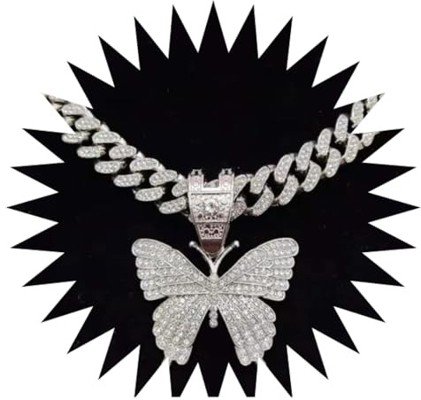 BISONBLUE Halsketten Anhänger Herren Schmuck Damen Kette Männer Frauen Männer Frauen Hip Hop Iced Out Bling Schmetterling Anhänger Halskette mit 13mm Hiphop Halsketten Mode Charme Silberfar