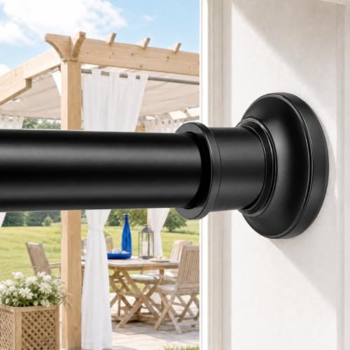 Tension Curtain Rod Extra Long Curtain Rod 43-131 Inch Adjustable 1.1 Inch Diameter Thick Heavy Duty Black Spring Curtain Rod for Windows Bathroom Outdoor No Drilling No Rust