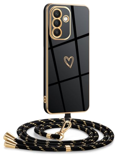 Mkej Coque pour Samsung Galaxy A56 5G avec Cordon de Collier, Coque avec Cordon Motif Coeur d'amour TPU Housse, Collier RéglableTéléphone Portable Lanyard Case Samsung Galaxy A56 5G, Or Noir