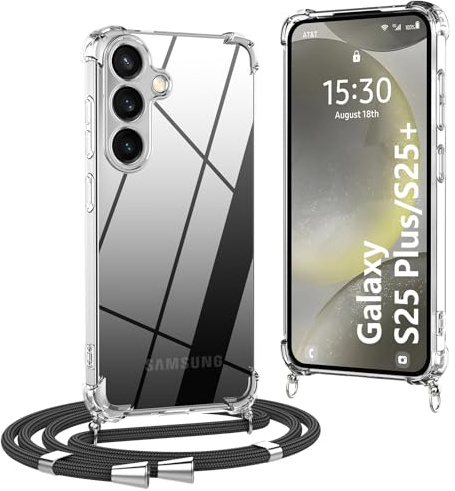 OLEPHY Handykette für Samsung Galaxy S25 Plus 5G Hülle mit Band, Schwarz | Necklace Hülle mit Band, Handyhülle zum Umhängen, Soft Transparent Case mit Kordel, Stoßfeste Schutzhülle,
