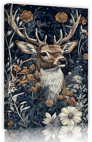 SHENGPOSTER Vintage Wandkunst Blume Dschungel Leinwanddrucke Hirsch mit langen Hörnern Wanddekoration Bilder für Schlafzimmer Wohnzimmer Küche Wohndekoration 30x45cm Innenrahmen