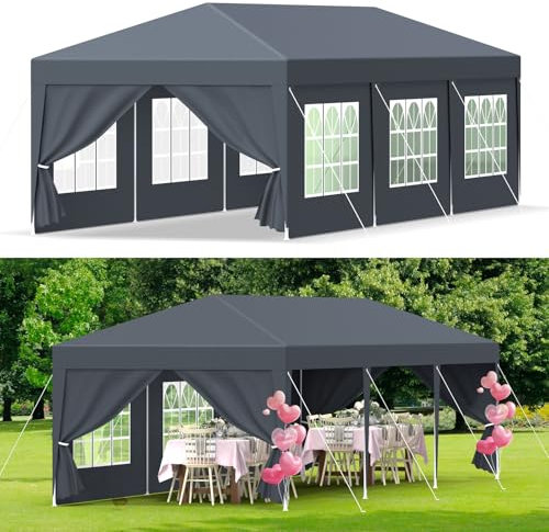 Tonnelle de Jardin 3x9M，Tente Réception，Gazebo，Pavillon、Tente de Jardin avec Fenêtres、Parois Latérales，Imperméable，Anti UV 50+，Résistant au Vent Auvent Barnum pour Camping Festival Plage,Anthracite