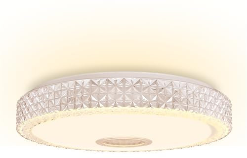 NAIZY Lámpara de techo LED de 48 W, regulable, con cristales acrílicos, mandos a distancia, control i-link, lámpara moderna, diámetro de 40 x 8 cm, incluye altavoz Bluetooth