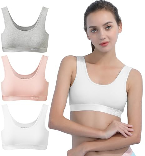 INNERSY Girls Sports Bra Cotton Crop Tops Non Padded Training Bras Kids to Teens 6-16 Years 3 Pack | Wireless Training Bralettes for Kids to Teens, Wide Shoulder Straps, Sleep/Exercise/P.E., Back to School, Tag-free Underwear