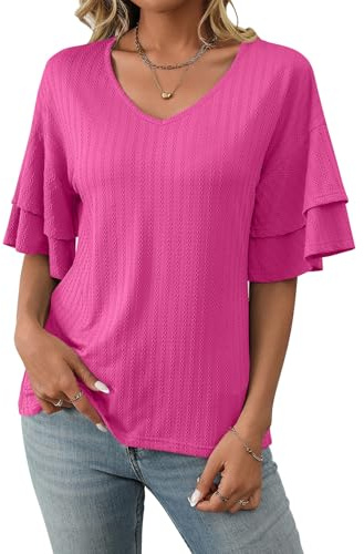 ASKSA Kvinnors avslappnade V-ringade toppar trendiga kortärmade t-shirts volang ärm volang blusar enfärgade sommartoppar, Rosenröd, M