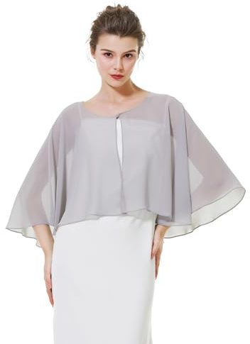 BEAUTELICATE Chiffon Stola Damen Elegant Bolero Cape Ärmellos Schultertuch Leichte Brautjacke Cardigan für Abendkleid Brautkleid Hochzeit Festlich Sommer, Kurzer Stil - Silbergrau