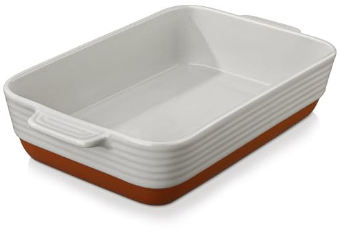 MALACASA Serie TARA, Fuente de Horno de Gres con Asas de 4500ml (40 x 8,7 cm), Ideal para Lasañas, Gratinados y Asados, Apta para Horno y Lavavajillas, Blanco Vainilla con Esmalte de Sésamo y Caqui