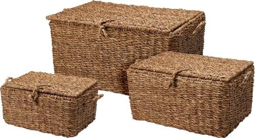 JSH Rectangular Storage Baskets Set of 3 | Natural Woven Seagrass Wicker Home Organiser Box | Kids Toys Blankets Towels Playroom Nursery Bedroom | 50cm 40cm & 30cm Sustainable