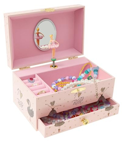 Musikalisches Schmuckkästchen Kinder Spieluhr mit Drehendem Einhorn Ballettmädchen Spiegel Schubladen Schmuckkasten für Kleine Mädchen Geburtstagsgeschenk(Rosa-Schwarzer Ballettmädchen)