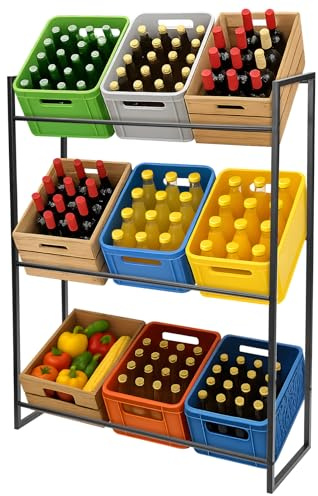 Generisch Getränkekistenregal Platzsparender Kistenständer Massives Kistenregal für Wasserkisten Bierkisten Mehr Standing Shelf Units Drinks Beer Water Crate Shelf (Schwarz, Für 9 Kisten)