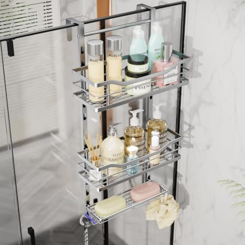 SWTYMIKI Duschablage Zum Hängen Verstellbar - Edelstahl Duschregal Hängend | Duschregal Zum Hängen Duschablage Hängend für Glastür, Duschregal Aus mit Haken & Seifenhalter, Shampoo Halterung für Dusche
