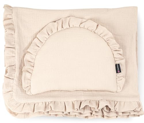 PinkZebra Set biancheria da letto in mussola con volant per neonati, morbido cuscino piatto + coperta a 4 strati in 100% cotone biologico, coperta per coccole, coperta da letto, Beige