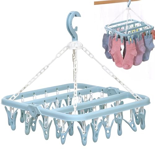 hurifeng 32 Clips Wäscheständer – Faltbarer Kleiderbügel mit vielen Clips, ideal zum Trocknen von Socken, Unterwäsche und kleinen Kleidungsstücken