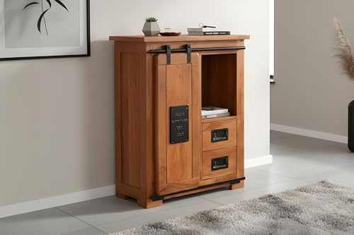 SAM Sideboard Libro IV, Akazienholz massiv + nussbaumfarben, Kommode mit Holzschiebetür, 2 Schubladen & 4 offenen Fächern, Griffe, Türelemente & Reling aus Eisen, 75 x 90 x 36 cm