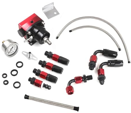 Asyduey Regulador de Presión de Combustible Ajustable Universal con Manómetro + Manguera de Línea de Combustible AN6 + Kit de Extremos de Accesorios
