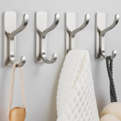 pickpiff Self Adhesive Hooks,8KG Stick-On Wall Hooks,Brushed Silver 4 Pack | Back of Door Hooks, Bathroom Towel Hooks, Strong Sticky Hooks Heavy Duty, Adhesive Door Hangers for Clothes, Bags, Purses