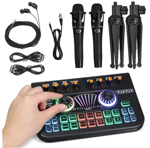 Parliky Equipos para Podcast y Dj Mezclador de Audio Profesional con Micrófonos Dobles y Tarjeta de Sonido Kit Completo para Streaming Gaming y Producción de Audio
