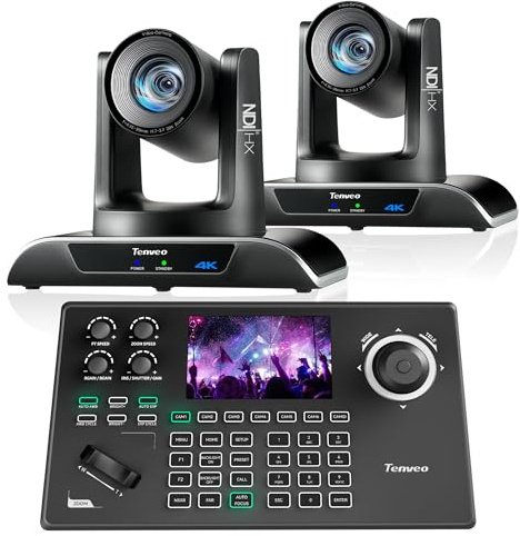 Tenveo PTZ Camera and Controller Bundle/Kits - 4K 20X AI Auto Tracking HDMI/USB3.0/LAN(PoE) NDI PTZ Camera(2PCS) and 5'' LCD Screen NDI Joystick Controller for Church Service Events Live Streaming