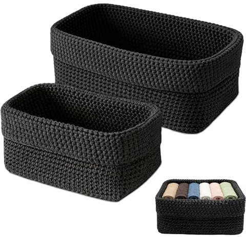 Aufbewarung Korb, 2 Stück Häkelkorb, Aufbewahrungskorb Schwarz | Korb Badezimmer Körbe Aufbewahrung für Handtücher, Küche, Bad, Kosmetik Schmuck