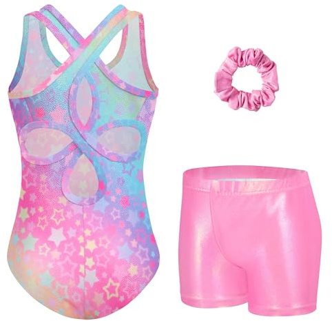 Arshiner Girls 3 Piece Sparkly Gymnastics Leotard Set with Shorts | Sleeveless dance unitard with a cut-out back plus matching gym shorts and scrunchie for gymnastics ballet and tumbling