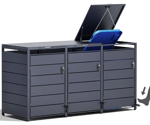 Mülltonnenbox PedBox Fußpedale | 3 Mülltonnen bis 240 Liter | Aluminiumrahmen verzinkte Stahlbleche Anthrazit 215 x 80 x 116 cm (L x B x H)| Mülltonnenverkleidung Metall verzinkt - Tor abschließbar