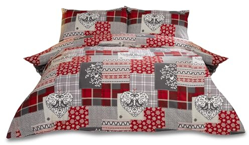 Alpine Patchwork 100% gebürsteter Baumwolle Feinbiber Bettwäsche Herz Quilt Bettbezug und 2 Kissenbezüge Bett-Set, Rot/Mehrfarbig, King