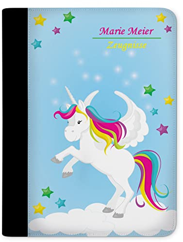 CreaDesign Customize A4 Zeugnismappe für Kinder - 26.7 x 32.7 x 1 cm, erweiterbar auf bis zu 20 Fächer, Sichtbuch ohne Klarsichthüllen, Einhorn Blau Design, Dokumentenmappe für Schüler