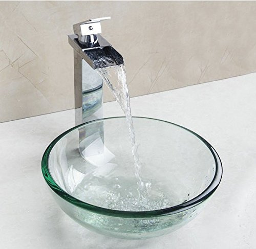GOWE Contemporary Transparent Tempered Glass Round Wash Basin Vessel Sink with Chrome Bathroom Faucet Glass Sink Set