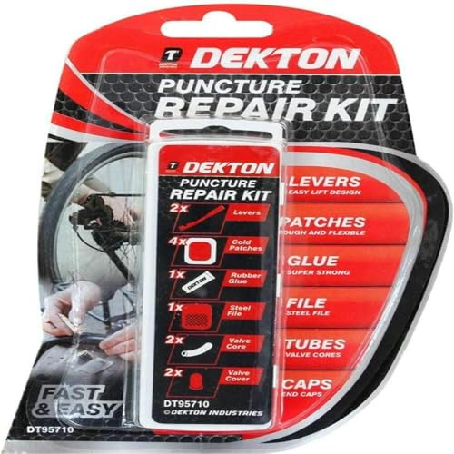 Dekton Puncture Repair Kit – Complete Set with Cold Patches, Rubber Glue, Steel File, Levers, Valve Covers & Cores | Compact & Portable for Quick and Easy Repairs | Ideal for Bikes, Cars & More