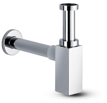 Design Siphon für Waschbecken & Waschtisch – Flaschensiphon Syphon 1 1/4 Universal – Geruchsverschluss mit Reinigungsöffnung – Massives Messing Abflussrohr, Eckig Chrom – Bürstenking