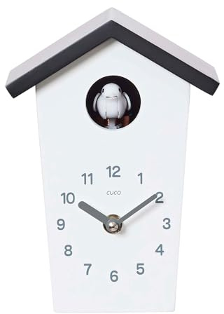 Cuco Clock Mini Kuckucksuhr 17 x 12,4 x 9cm Weiß/Schwarz Holz | Wanduhr Modell HOCHHAUS, Moderne Schwarzwalduhr, Wanduhr mit Nachtruhefunktion, Kuckucksruf Vogelstimme, Quarzuhrwerk