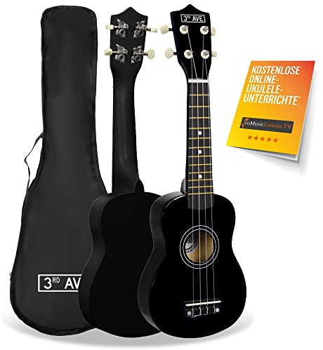 3rd Avenue Sopran-Ukulele für Anfänger, 54 cm/21“ mit Ukuleletasche – in Schwarz – KOSTENLOSE 1-monatige Online-Lektionen