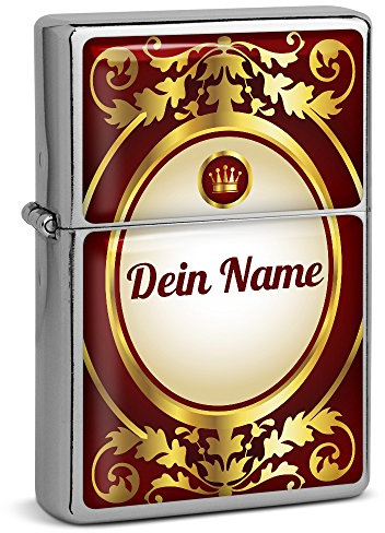 PhotoFancy® - Sturmfeuerzeug Set mit eigenem Namen Bedrucken Lassen - Design Ornamente - Benzinfeuerzeug mit Doming-Druck inkl. Metall-Geschenkdose