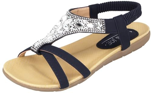 Jo & Joe Ladies Faux Leather Peep Open Toe Sling Back T-Bar Dimante Flat Flip Flop Sandals Size 3-8 (UK 7, Navy)