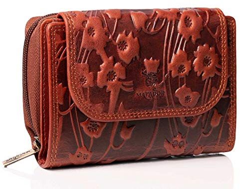 MATADOR Geldbörse Damen Mittelgroß Leder #Murcia mit edler Geschenkbox, Elegantes Portemonnaie Frauen Mittelgroß mit RFID Blocker, Luxus Damen-Geldbörsen Viele Kartenfächer, Blumen Braun