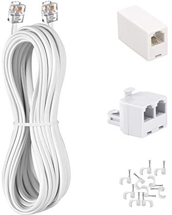 KINXIYU Phone Cord 15FT, Landline Telephone Cable with RJ11 Plug, Includes Telephone Inline Coupler RJ11 Splitter and 10pcs Cable Clips(White)